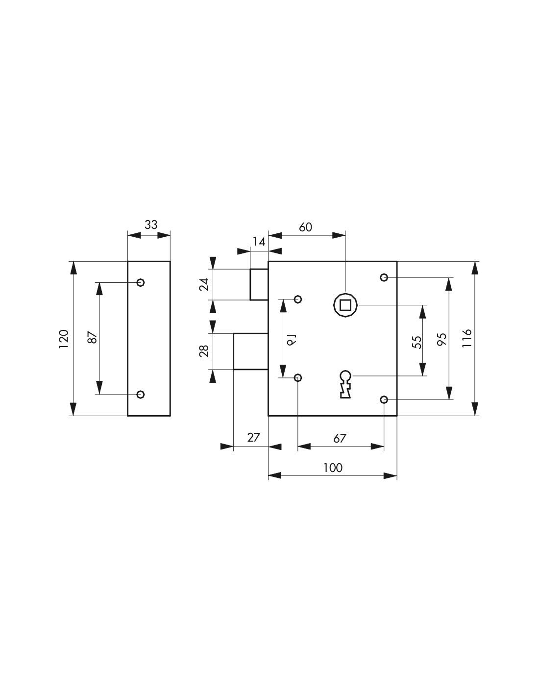 THIRARD - Serrure Applique Alsace à Clé à Fouillot pour Porte Intérieure - Gauche Poussante - Carré 8 mm - Axe 60 mm - 110 x 70 mm - Jaune/Doré - 2 Clés Incluses - Sécurité Renforcée