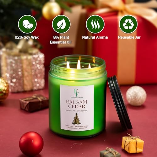 Image of Large Christmas Candle Balsam Cedar Scented, 3-Wick 22oz Long Lasting Scented Candle, Natural Soy Wax Aromatherapy Candle for Home, Holiday Candle Gifts for Women Men
