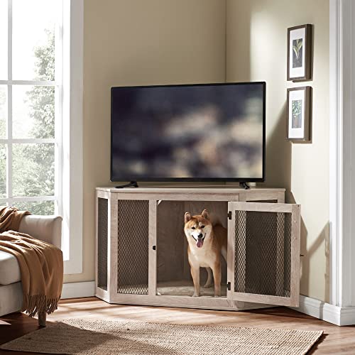 unipaws Large Corner Dog Crate with Cushion, Dog Kennel with Wood and Mesh, Dog House, Pet Crate Indoor Use, Weather Grey - Image 4