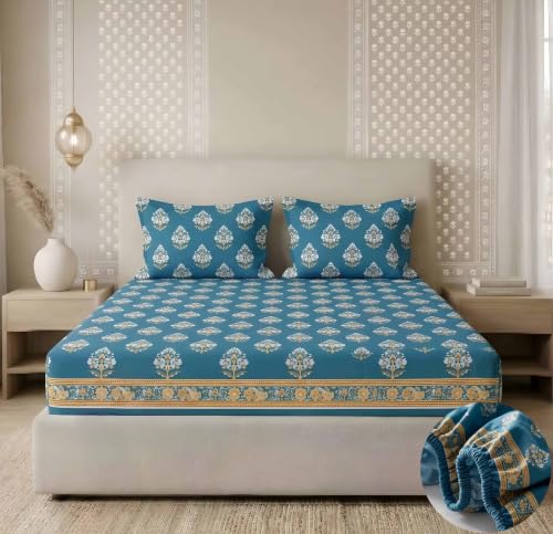 Image of VAS COLLECTIONS 180 TC Cotton Fitted Bedsheet Double Bed (72x78+8 Inches) with 2 Pillow Covers - Soft Breathable Skin Friendly Jaipuri Printed Elastic Fitted Bed Sheet, Sea Blue
