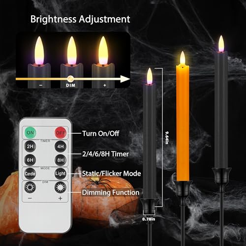 Image of SHENSY Halloween Flameless Taper Candles -6Pack Orange and Black Real Wax LED Candlesticks with 3D Flickering Flame, Battery Operated with Remote & Timer - Spooky Window and Table Decor