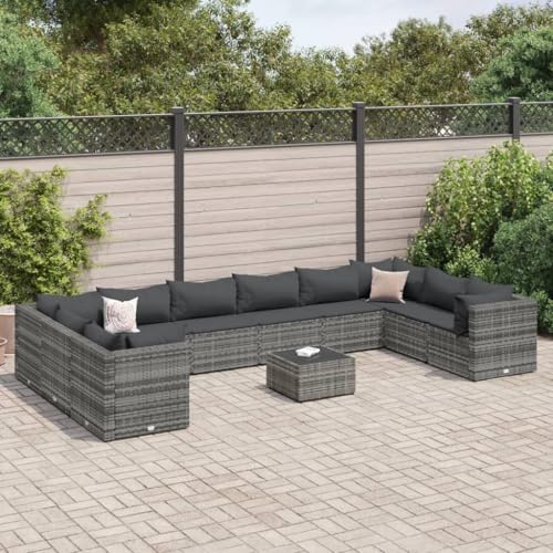 KCCKOM Garden Furniture Set 11 Piece Patio Lounge Set with Cushions Gray Poly Rattan