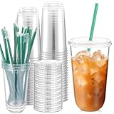 Baderke 25 Set Plastic Cups with Lids and Straws, Disposable Plastic Iced Coffee Cup for Cold Beverage Juice Smoothie Crystal for Coffee Shops Party Catering(Clear,18 oz)