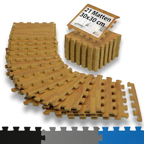 ALPIDEX 1,95 m² Bodenschutzmatte 21 Stück 30x30x1 cm Schutzmatten Set Sportmatte Gymnastikmatte Sportgeräte Matte Fitnessmatte Turnmatte Unterlegmatte Bodenmatte Trainingsmatte Gummimatte, Holzoptik