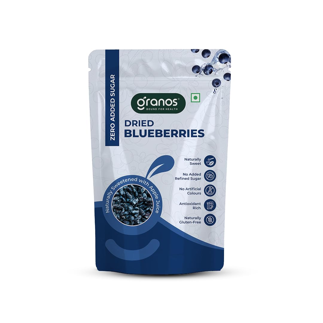 - Granos Zero Added Sugar Dried Blueberries 150g, Dried Fruits, Anti Aging Properties, Helps Weight Control, No Sugar Added, Sourced from USA, Healthy & Tasty, Naturally Sweetened with Apple Juice (Pack of 1)