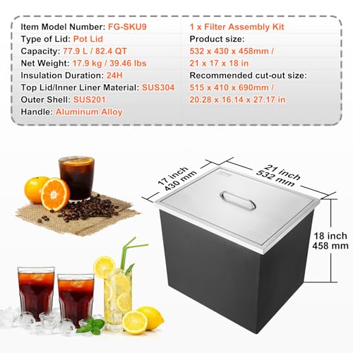 Image of VEVOR Drop in Ice Chest, 22 inchL x 17 inchW x 12 inchH Stainless Steel Ice Cooler, Commercial Ice Bin with Cover, 40 qt Outdoor Kitchen Ice Bar, Drain-pipe and Drain Plug Included, for Cold Wine Beer