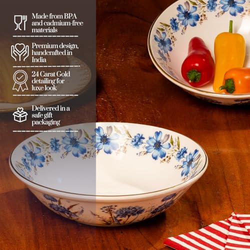 Image of GOLDEN QUEEN'S Bowls Set of 2 | Ideal for Snacks, Noodles, Ramen, Salad, Cereals, Rice | Microwave Safe | Handcrafted - Blue Floral in Wild Bush