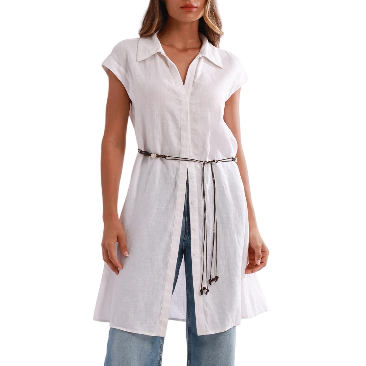 Amazhiyu Robe midi d'été décontractée en pur lin avec poches et ceinture pour femme