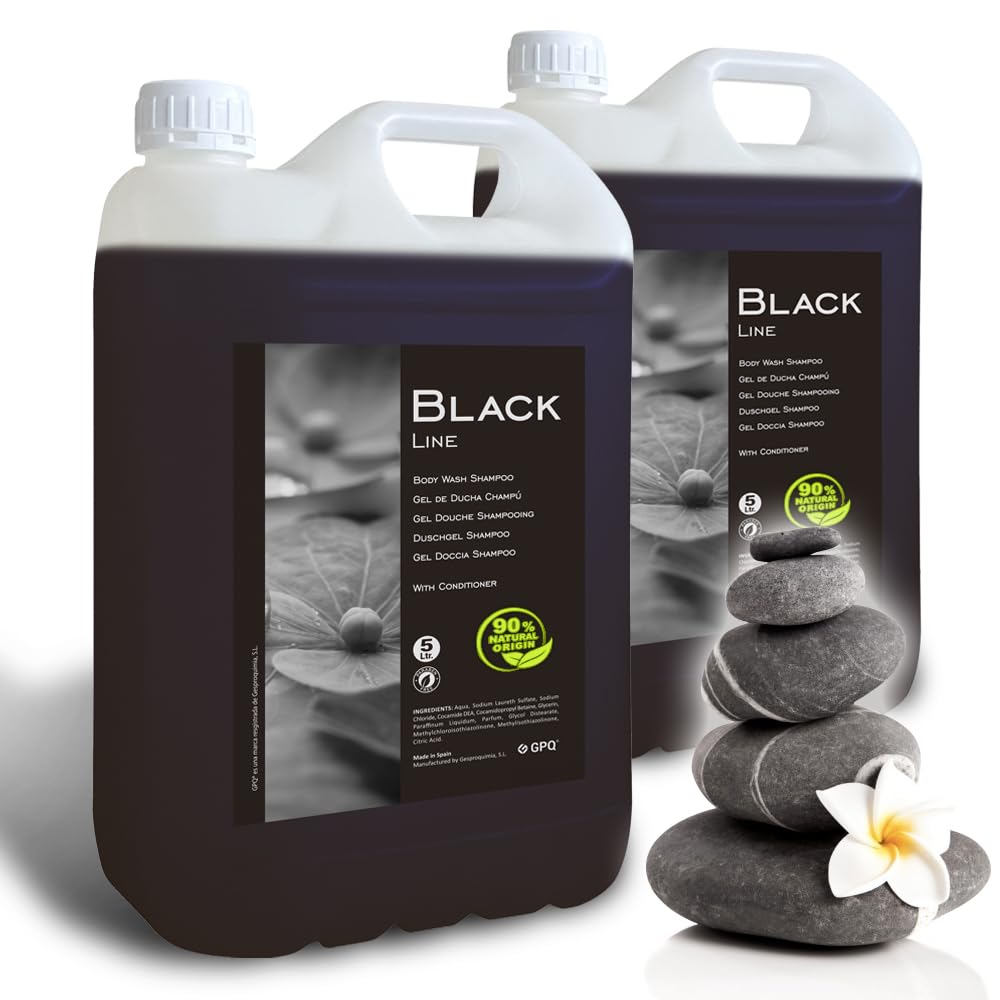 GPQ - Gel/Shampooing 2en1 BLACK Line 5 ltr. | 2 Bidons | 90% Natural Origin | Recharge doseur avec Après-shampooing sans Parabènes | Hôtel, B&B, Gîte Rural, Camping, Croisière, Gym... | Fabriqué l’UE
