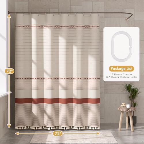 Image of AmazerBath Boho Shower Curtain, Modern Farmhouse Shower Curtain Set with Tassels, Rustic Faux Linen Red Striped Shower Curtain with Hooks, Light Tan Toned, 72x72 Inches