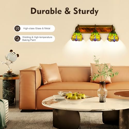 Image of Wall Sconce Vintage Bedside Wall Mount Lamp 3-Light Dragonfly Stained Glass Shade Wall Light for Bedroom Hallway Stairway Balcony