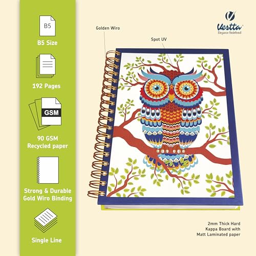 Image of VESTTA -ELEGANCE REDEFINED, B5, Hard Bound Notebook Diary, 7(L) X 9.75 (H) Inches, Gold Wiro Binding, Undated, 90 GSM paper, 192 Ruled Pages (Madhubani Folk Art Series 3)