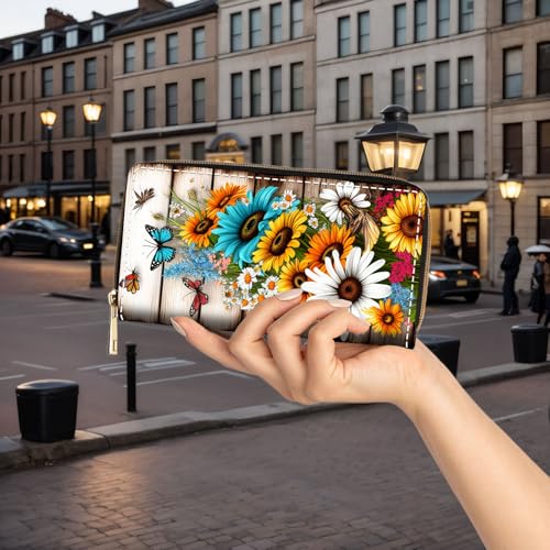Wallet,Large Capacity RFID Blocking Leather Wallet, Durable Smooth Zipper Clutch,Unisex Travel Wallet for Cards,Cash,and Coins - Butterfly Sunflower Flower3