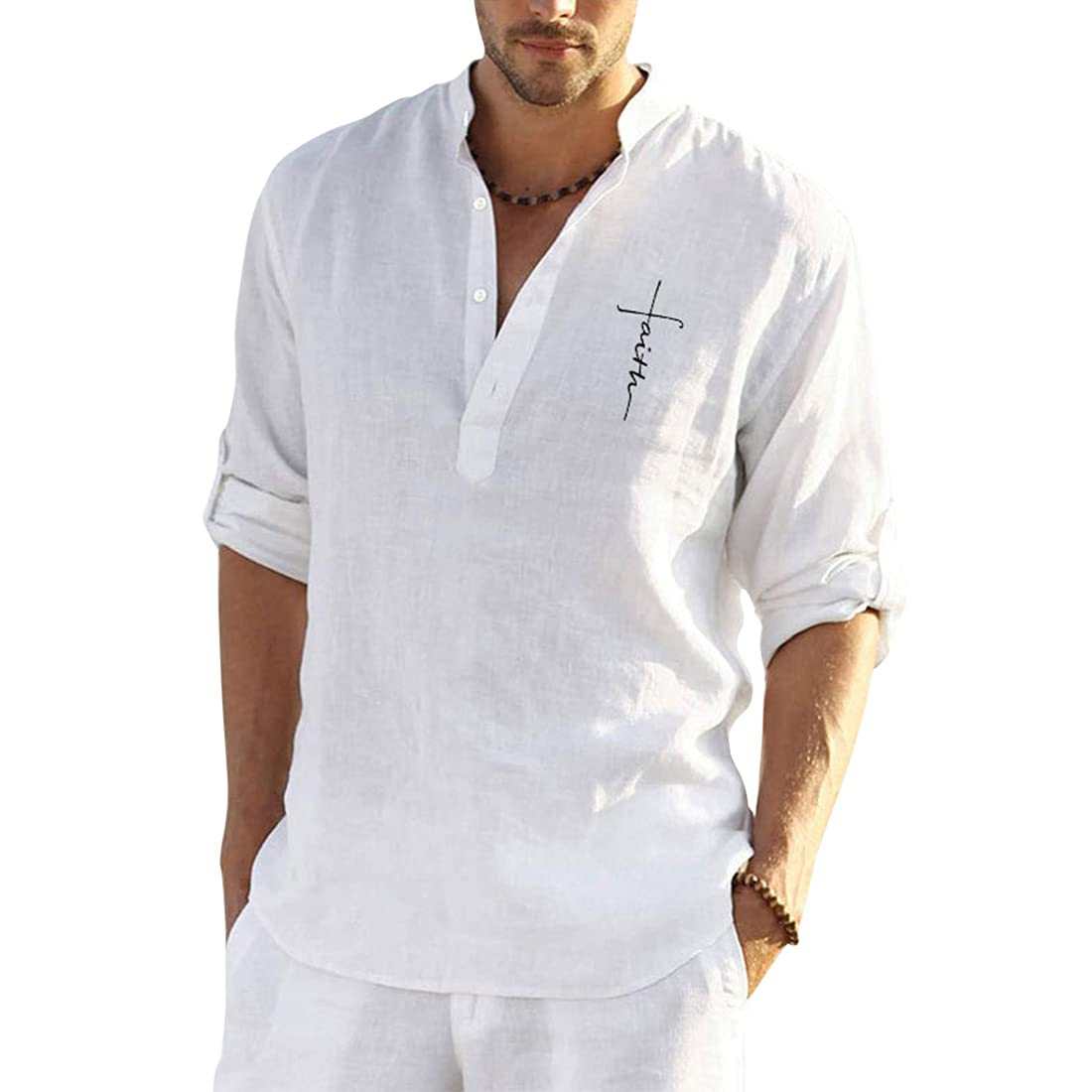 Litthing Hombre Shirt Camisa Lino Shirt Manga Larga de Algodón y Botón de Line Slim Fit Oficina Casa Viaje Caminar Primavera Verano Otoño Casual