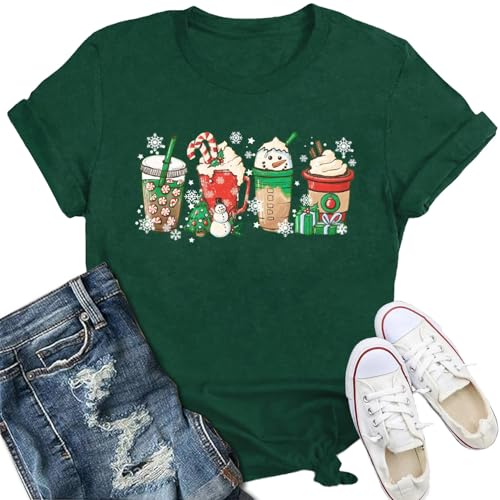 IFQ Christmas Coffee Shirt for Women Coffee Cup T-Shirt Snowman Gingerbread Latte Tshirt Xmas Holiday Winter Tee Top