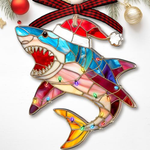 Shark Ornament 2025 - Shark Ornaments for Christmas Tree - Sharks Lovers Gifts for Women, Men, Girls, Ocean Lover - Ocean Christmas Ornaments - Acrylic Faux Stained Glass Sea Animal Ornament 2025