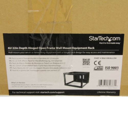 Image of StarTech 6U 4-Post Hinged Wall Mount Open Rack, 19in, 109lb (RK619WALLOH) | Swing-out hinged frame, SPCC cold-rolled steel, Ships fully assembled, Cage nuts, 19.8in /50.2cm depth