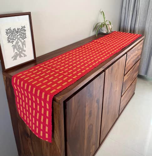 Image of Rangbhar Handloom Ribbed Cotton Table Runner for Living /Dining Room /Home Decor, Anti Skid, Reversible, Machine Washable, 12 X 72 inches, Striped, Red