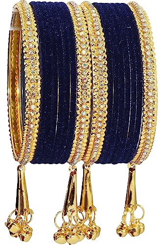 NMII Metal with Zircon Gemstone and Velvet Studded Bells Latkan Bangles Set For Girls and Women I Latkan Bangles, Premium Bangle Bracelet Set (Gold-Blue-2.6 Inches), Pack Of 16