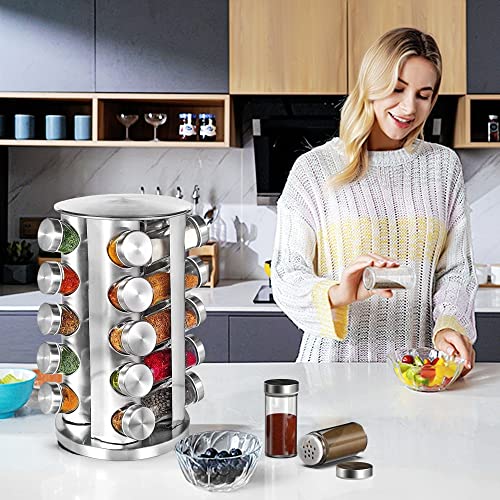 360-degree Rotating Glass and Stainless Steel Spice Rack with 20 Jars, Anti-Sprinkling Design, Great Gift