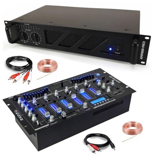 Ibiza - Pack Sono DJ Ampli Ibiza Sound AMP600-MKII 960W - Table Mixage Bluetooth DJM102-BT USB Jack XLR - Câbles RCA Jack enceintes inclus