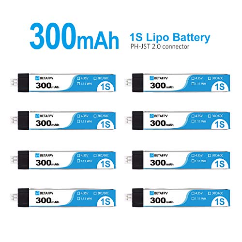 BETAFPV 8pcs 300mAh 1S Lipo Battery 30C 4.35V with JST-PH 2.0 Powerwhoop Connector