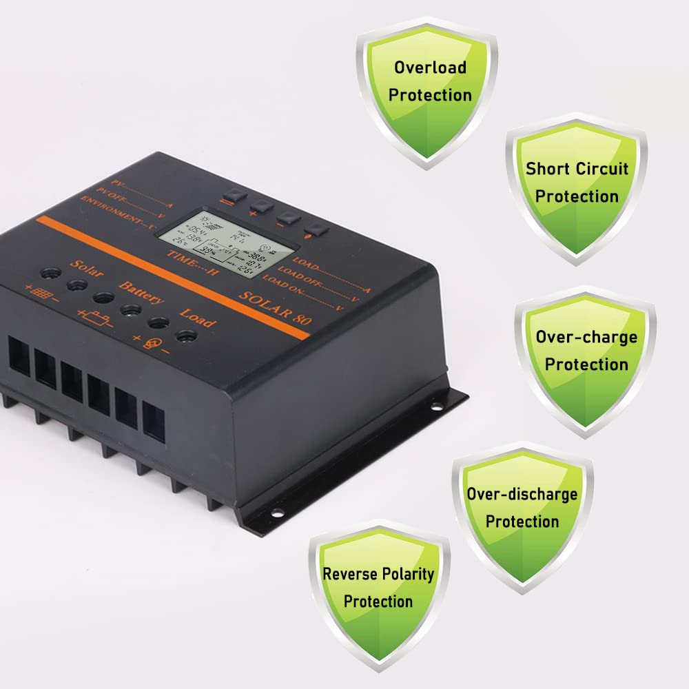 Hanzete, regolatore di carica solare PWM da 80 A, 12 V/24 V, pannello solare LCD autoadattante, regolatore di carica della batteria, con uscita USB 5 V, compensazione della temperatura, protezioni