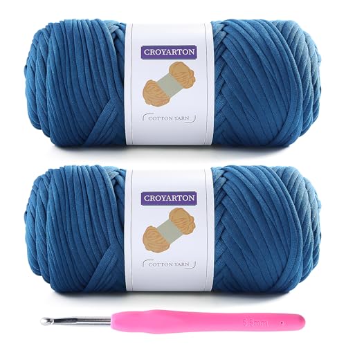 Image of 2 Pack T Shirt Yarn for Crocheting with 1 Crochet Hook, Elastic Tshirt Yarn for Crochet Bag /Baskets /Home Decor, Spaghetti Yarn Thick Knitting Yarn Total Length 130 Yds, Weight 14 Oz (Dark Blue)