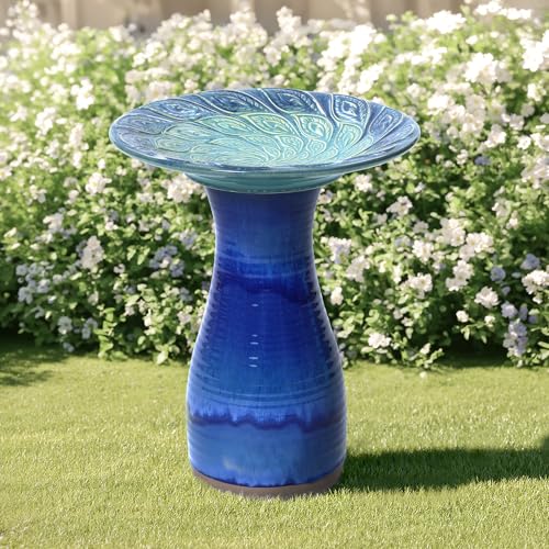 LuxenHome 20 Inch Ceramic Bird Bath for Outside, Elegant Tall Outdoor Bird Bath, Lightweight Pedestal Glazed Birdbaths for Outdoors with Leaf Pattern, Deep Cobalt Blue