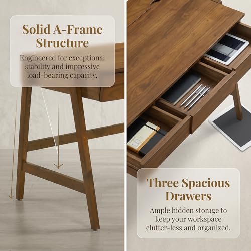 Image of HNY 59 Inches Walnut Wooden Writing Desk with 3 Drawers, Computer Study Table with MDF Top, Solid Rubberwood Legs and Hidden Cable Management Holes, Corner Makeup Vanity Desk for Home Office, Bedroom