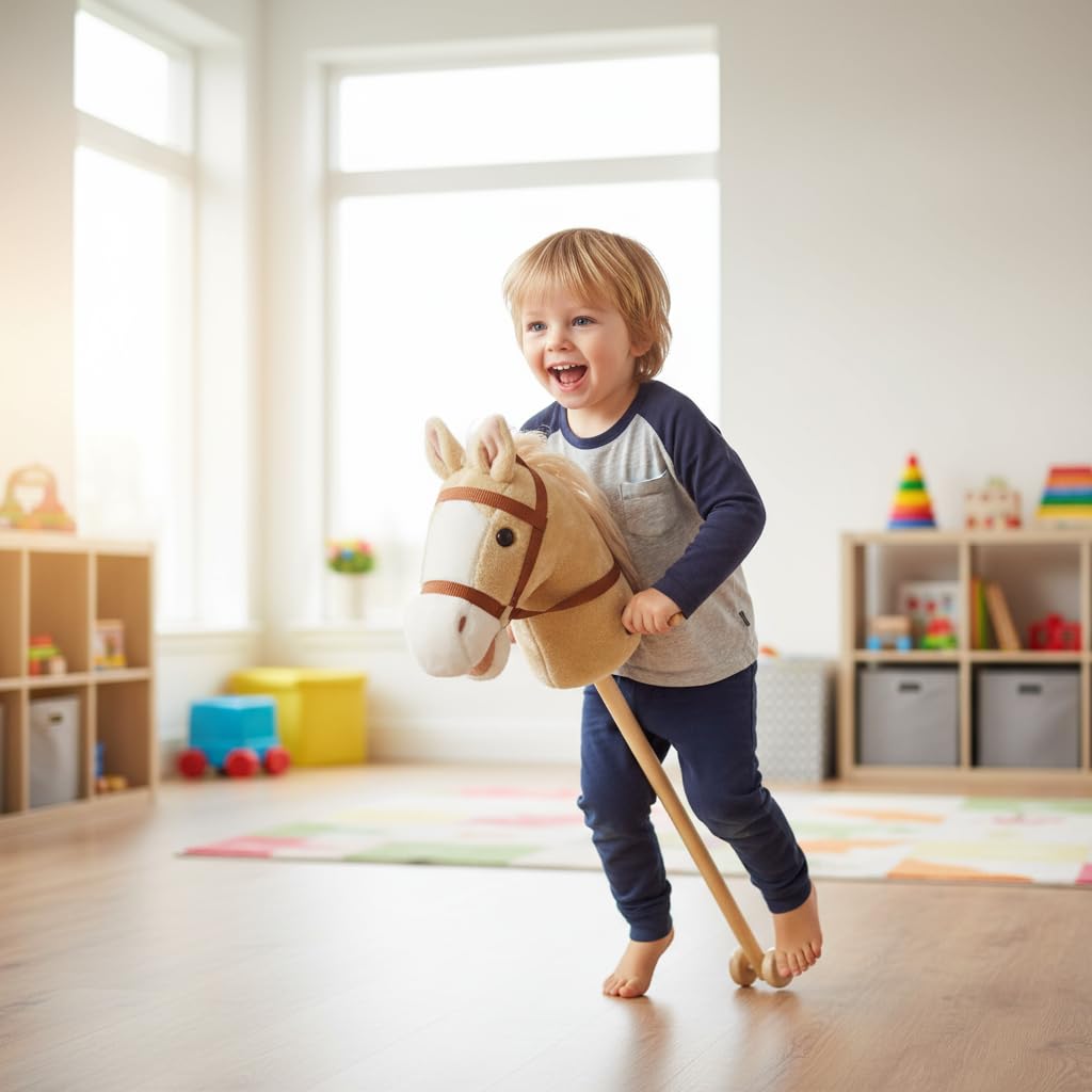 TACHAN- Cabeza de caballo con palo Deluxe - Con sonidos y ruedines para facilitar el deslizamiento- Caballo de juguete para niños y niñas - Color marrón claro- 90cm de altura (CPA Toy Group 727T00729)
