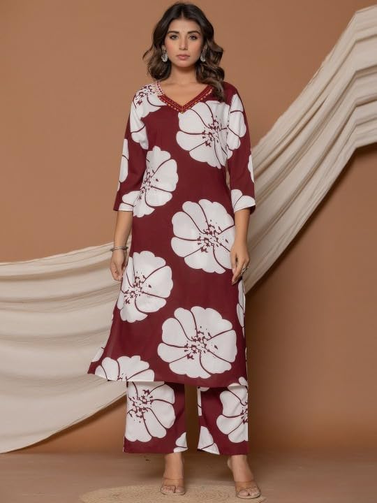 Women's Floral Print Kurta Palazzo Set, Maroon and White, V-Neck 3/4 Sleeve Indian Ethnic Wear