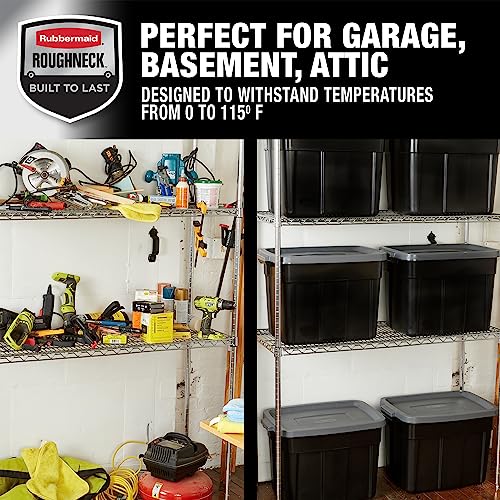 Image of Rubbermaid Roughneck Tote Durable 18 Gallon Stackable Plastic Storage Containers with Lids and Easy Carry Handles, Pack of 6, Black /Cool Gray