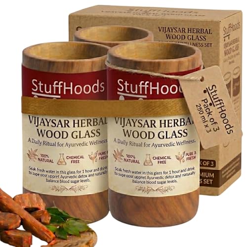 Image of Vijaysar Ayurvedic Glass /Tumbler | Lab Tested | Kino Tree Wooden Tumbler | Natural Wellness, Traditional Tumbler, Handcrafted Wood Cup | 250ml (Pack of 3)