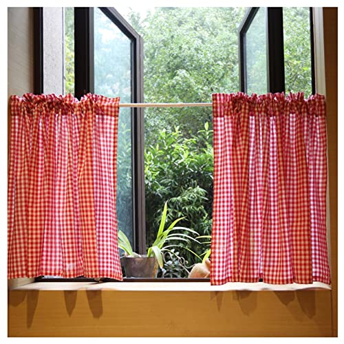 TAEOVXD Cortina con Cenefa de café a Cuadros Rojos y Blancos, Cortinas Cortas de algodón Estilo Country Americano para Cocina, Cenefa de Cortina con Bolsillo para Varilla Estilo Granja para Ventana