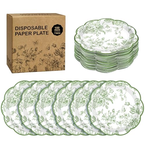 Kochorie 100 Pieces Sage Green Flower Paper Plates 7 Inches Disposable Floral Paper Plate Scalloped Sage Green Chinoiserie Vintage Flower Dessert Plates for Wedding Birthday Holiday Party Supplies