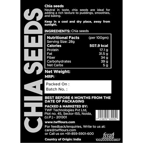 Image of TWF Chia Seeds | 500g | AAA Grade Seeds for Eating | Natural Hydrator for Summers | For Weight Loss | Non GMO | Rich In Protein & Dietary Fibre | 100% Clean | Gluten Free Seeds for Smoothies, Oatmeal, Salads & Baking | Resealable Pack | Diet Snack | Unroasted | Unsalted | Highest Natural Potency