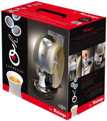 Malongo EXP 240 Espresso Pod Machine packaging box, showing the machine and coffee pods.