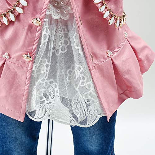 Peacolate 6M-4Y Baby Little Girls 3pcs Outfits Leather Hoodie Jacket Lace T-Shirt Denim Jeans4