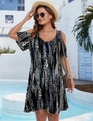Image of JollieLovin Womens Plus Size Short Sleeve Cold Shoulder V Neck T-Shirt Dress with Pockets