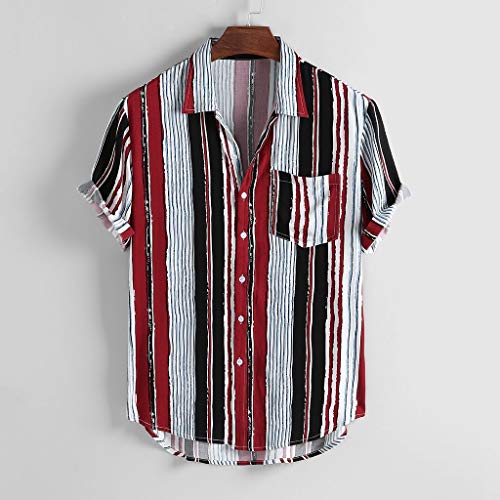 Camiseta de rayas para hombre, color rojo, negro y blanco, manga corta, vintage, a rayas, con bolsillos en el pecho, camiseta Henley, manga corta, corte ajustado, retro, estampado hawaiano, vintage,