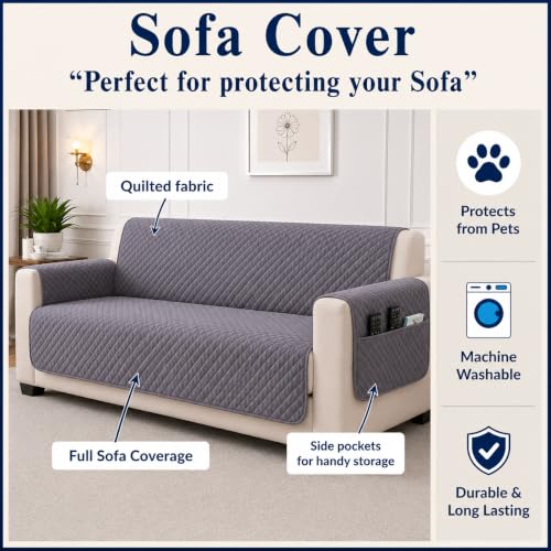 Image of STITCHNEST 'Airsoft Range Series' Solid Quilted Velvet Sofa Cover for 3 Seater | Premium Soft Velvet Sofa Protector | Grey Diamond Quilted Design with Armrest Pockets | Furniture Cover