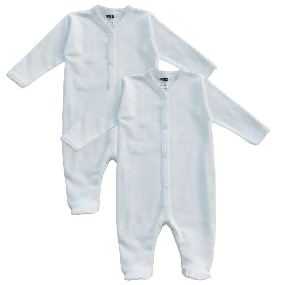 MEA BABY śpioszki niemowlęce unisex wykonane ze 100% bawełny organicznej, pakowane po 2 sztuki. Białe (kremowe) piżamy, chłopięce piżamy, dziewczęce piżamy (68)