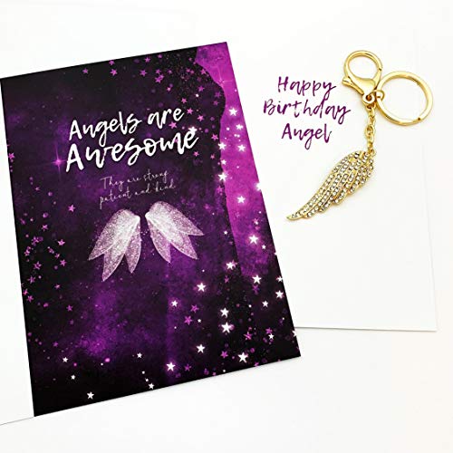 Smiling Wisdom - Happy Birthday Angel Awesome Friend Greeting Card And Keychain Gift Set - Sister, Mom, Daughter, Women - Gold With Rhinestones #TOP17