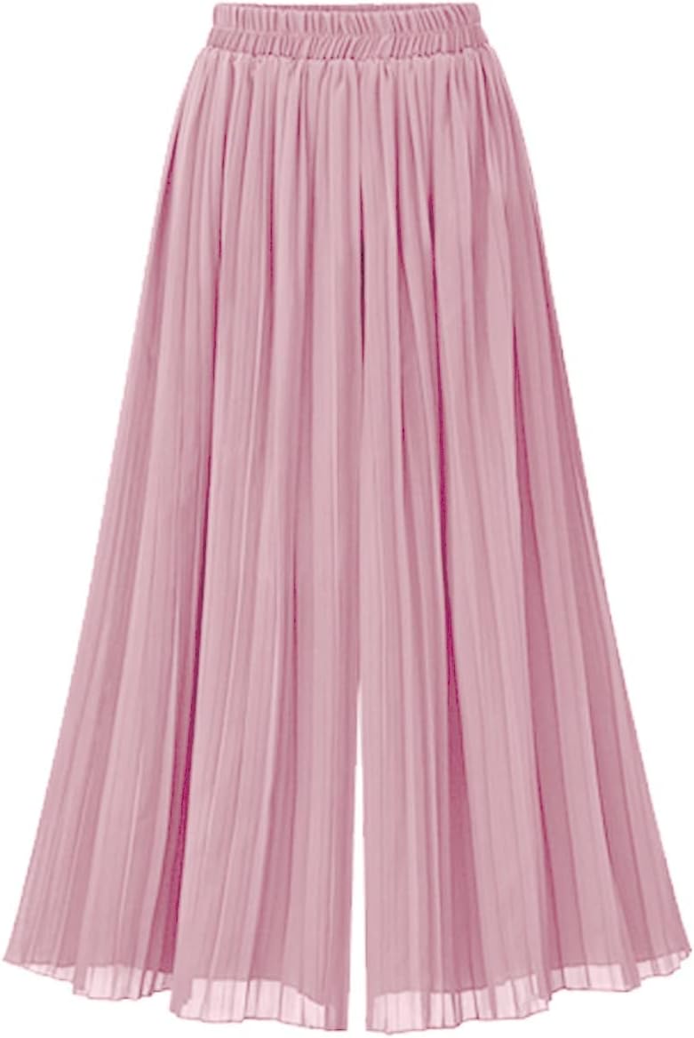 chouyatouWomen's Elastic Waist A-Line Pleated Chiffon Cropped Wide Leg Pants Culottes