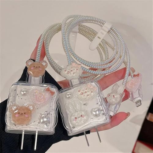 Image of Protector with 3D Cute Pattern for iPhone Charger - 18W & 20W, Data Line Wire Saver - 4 in 1 (PEARL-HEART-BEAR)