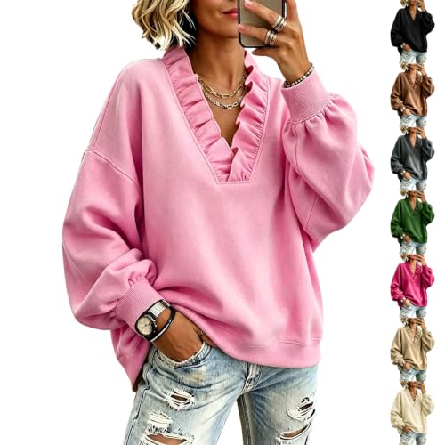 Ruffle V Neck Sweatshirt for Women Oversized Fleece Pullover Sweatshirt - image 1