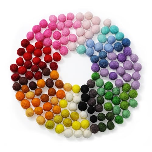 Felt Wool Balls Pom Poms 1 Centimeter - 0.4 Inch Handmade Felted Mixed Color (Red Pink Blue Gray Black White ) Bulk Small Puff for Felting and Garland (120)