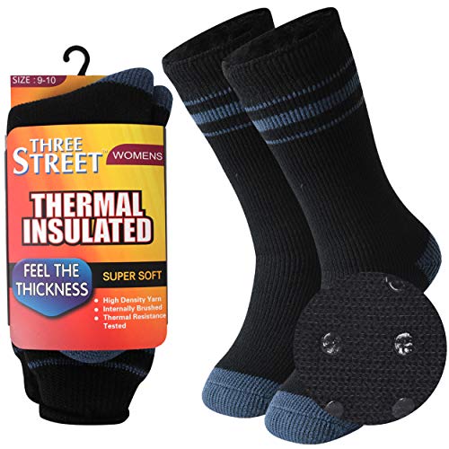 Warm Thermal Ski Socks, Three street Winter Boot Non Skid Grip Heated Insulated Fur Lined Winter Anti Slip Home Slipper Socks,Hot Warm Outdoor Skiing Anniversary Present Socks Women Black Grey 1 Pair