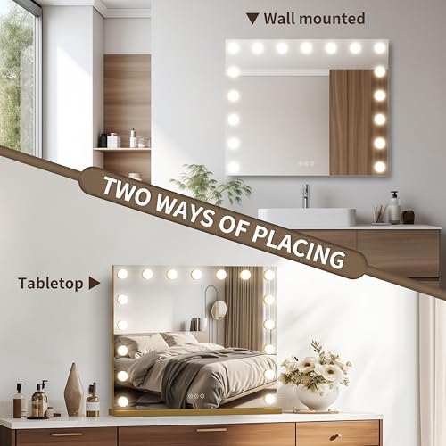Image of Vanity Mirror with Lights 23.6''x20.5'' Makeup Mirror with Lights Lighted Up Mirror with Dimmable Bulbs,3 Color Lighting Modes,USB Charging Port Touch Control Design Gifts for Women Gold